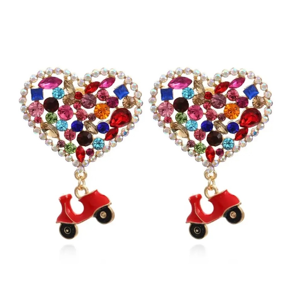 Retro Multicolor Heart Balloon Vespa Scooter Earrings